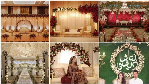 baraat decoration ideas at home 2026 with floral stage, fairy lights, and elegant wedding setup