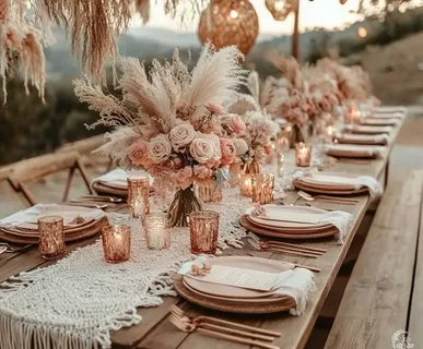 Boho wedding decor setup with wooden arch, hanging flowers, greenery, and fairy lights for a dreamy outdoor celebration.