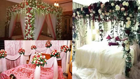 Bridal room decoration ideas 2026 with flowers, fairy lights and romantic bed setup