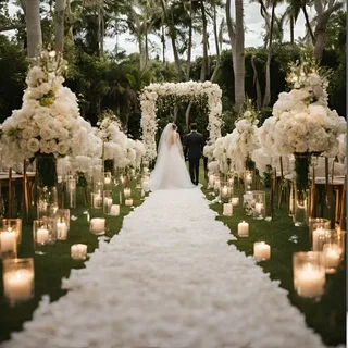 Romantic wedding aisle decoration with flowers, candles, and fabric drapes