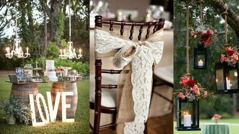 Rustic wedding decor setup with wooden arch, greenery, fairy lights, and cozy seating for a charming celebration.