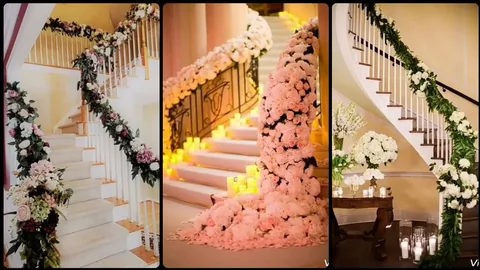 grand wedding staircase decoration ideas 2026 with floral garlands, drapes, and elegant lighting